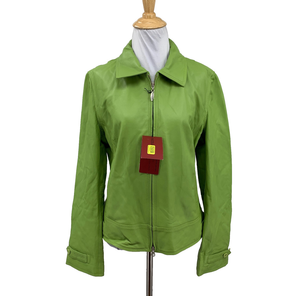 Nicola Berti Jacket Womens L Large Green Leather Full Zip Long Sleeve Collared